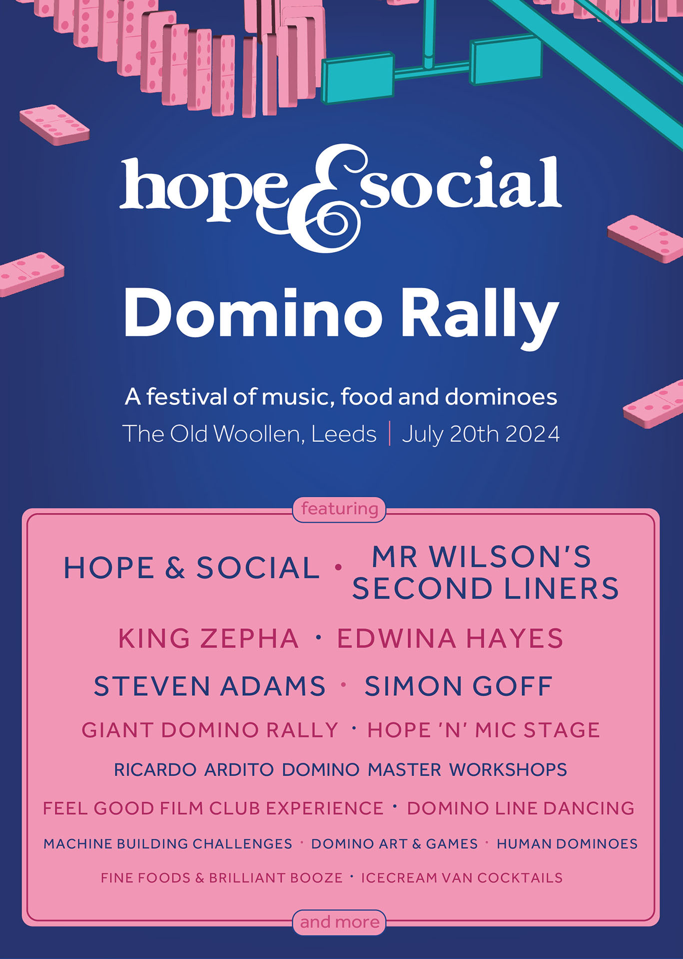 Poster for the one day festival Domino Rally. Leeds, 20/07/24